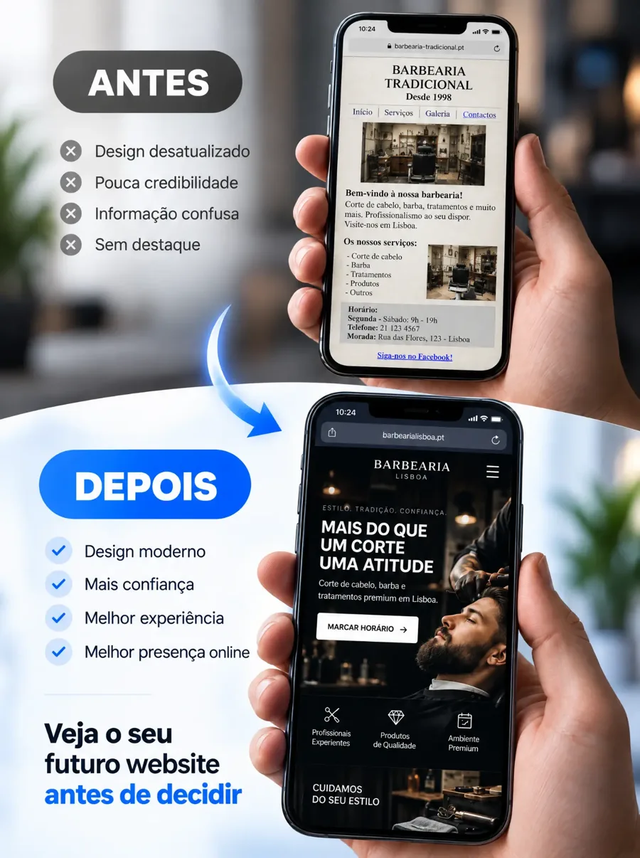 Antes e depois: website antigo de uma barbearia comparado com um website moderno — veja o seu futuro website antes de decidir